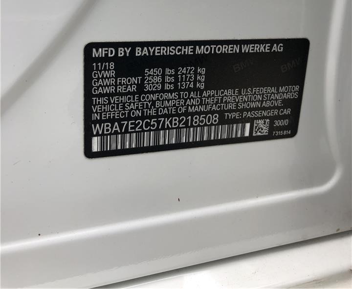 BMW 740I 2019 White vin: WBA7E2C57KB218508