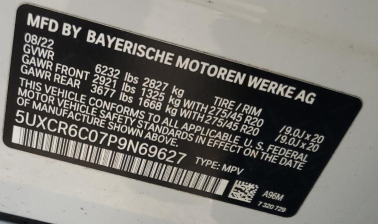 BMW X5 2022 WHITE vin: 5UXCR6C07P9N69627