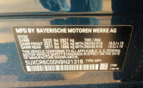 BMW X5 2022 BLU vin: 5UXCR6C00N9N21318